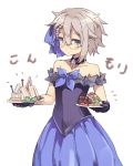  1girl ange_(princess_principal) blue_eyes braid dress food glasses grey_hair highres holding holding_food looking_at_viewer normaland plate princess_principal sandwich short_hair solo 