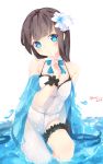  1girl absurdres artist_name asymmetrical_legwear bare_shoulders blue_bow blue_eyes bow breasts brown_hair cleavage dated dgle3370 finger_to_mouth flower hair_flower hair_ornament hand_up highres kneeling_on_water long_hair looking_at_viewer original smile thigh_strap water 
