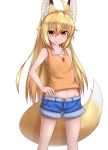  1girl ahoge animal_ears arm_behind_back bangs bare_arms blonde_hair brown_eyes collarbone denim denim_shorts eyebrows_visible_through_hair fang fox_ears fox_tail groin hand_on_hip highres horokusa_(korai) korai_(horokusa) long_hair looking_at_viewer midriff original short_shorts shorts simple_background sleeveless smile solo standing tail white_background 