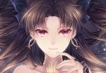  1girl black_ribbon bridal_gauntlets brown_hair earrings fate/grand_order fate_(series) hair_ribbon ishtar_(fate/grand_order) jewelry long_hair looking_at_viewer portrait red_eyes ribbon silverbin smile solo tohsaka_rin two_side_up 