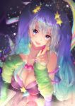  1girl aqua_hair arcade_sona artist_name blue_eyes blue_hair breasts cleavage earrings fingernails gradient_hair hair_ornament highres index_finger_raised jewelry league_of_legends long_hair looking_at_viewer medium_breasts multicolored_hair nail_polish necklace open_mouth purple_nails red_hod smile solo sona_buvelle star star_earrings star_hair_ornament twintails 