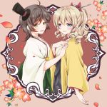  2girls ahoge bangs black_hair black_hakama blue_eyes brown_hair drill_hair flower green_eyes green_hakama hair_between_eyes hair_ornament hair_ribbon hakama hand_on_own_chest hat hatakaze_(kantai_collection) japanese_clothes kantai_collection kimono light_brown_hair looking_at_viewer matsukaze_(kantai_collection) meiji_schoolgirl_uniform mini_hat mini_top_hat multiple_girls ponytail ribbon sheepd short_hair smile swept_bangs top_hat wavy_hair white_kimono wide_sleeves yellow_kimono 