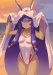  1girl animal_ears bangs beach blunt_bangs dark_skin evening eyebrows_visible_through_hair facial_mark fate/grand_order fate_(series) hairband highres long_hair looking_at_viewer medjed nitocris_(fate/grand_order) nitocris_(swimsuit_assassin)_(fate) one-piece_swimsuit outdoors purple_hair smile solo swimsuit tsuyohina very_long_hair violet_eyes 