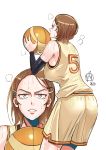  ass basketball basketball_uniform blue_eyes breasts brown_hair detached_sleeves dripping ge_xi hair_ornament hairclip highres huge_breasts mole mole_under_eye original parted_lips short_hair shorts sideboob solo_focus sportswear sweat sweating tall 