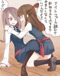  2girls eye_contact hands_on_shoulders kagari_atsuko kneeling little_witch_academia looking_at_another multiple_girls on_floor school_uniform sitting sou_(tuhut) sucy_manbavaran translation_request 