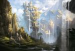  alayna_danner blue_sky bridge castle city clouds cloudy_sky commentary day fantasy floating_island landscape mountain outdoors river scenery sky valley water waterfall 