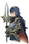  1girl alternate_costume armor artist_request blue_eyes blue_hair fire_emblem fire_emblem_heroes holding holding_weapon lucina polearm smile solo spear weapon 