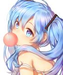  1girl blue_eyes blue_hair chewing_gum gamathx hair_between_eyes hair_ornament hatsune_miku highres long_hair off_shoulder portrait shiny shiny_skin simple_background solo twintails vocaloid white_background 