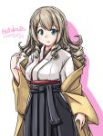  1girl 2017 black_hakama blue_eyes character_name cowboy_shot dated drill_hair furisode hair_between_eyes hair_down hakama hatakaze_(kantai_collection) japanese_clothes kantai_collection kimono light_brown_hair long_hair meiji_schoolgirl_uniform simple_background solo tatsumi_rei twitter_username white_background wide_sleeves yellow_kimono 