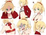  1girl bikini_top blonde_hair bra breasts embarrassed fate/grand_order fate_(series) green_eyes hairband ica jewelry looking_at_viewer medium_hair midriff mordred_(swimsuit_rider)_(fate) necklace red_shirt saber_of_red shirt small_breasts smile solo surprised underwear white_background 