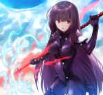  1girl bodysuit breasts breasts_apart covered_navel cowboy_shot fate/grand_order fate_(series) hair_between_eyes holding holding_weapon long_hair medium_breasts open_mouth polearm purple_hair red_eyes scathach_(fate/grand_order) solo spear standing very_long_hair weapon yone 