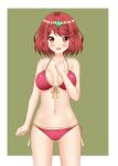 1girl bikini blush breasts brown_eyes brown_hair chechoski clenched_hands collarbone crystal_earrings earrings eyebrows_visible_through_hair framed front-tie_top gradient_eyes highres pyra_(xenoblade) jewelry medium_breasts multicolored multicolored_eyes navel open_mouth orange_eyes outside_border pink_bikini redhead shiny shiny_clothes shiny_hair shiny_skin short_hair side-tie_bikini simple_background smile solo standing swimsuit tiara white_border xenoblade xenoblade_2 