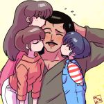  1boy 3girls ^_^ age_difference black_hair blue_hair blush brown_hair cheek_kiss closed_eyes collarbone double_cheek_kiss family father_and_daughter forehead_kiss gradient gradient_background happy highres japanese_clothes kiss long_hair long_sleeves multiple_girls mustache neck ranma_1/2 short_hair siblings sisters smile striped tendou_akane tendou_kasumi tendou_nabiki tendou_souun wantan-orz yellow_background younger 