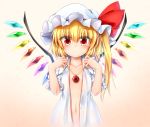  1girl :o absurdres blonde_hair blush collarbone flandre_scarlet gem gradient gradient_background hat hat_ribbon highres jewelry looking_at_viewer m9kndi mob_cap naked_shirt navel necklace open_clothes open_shirt puffy_short_sleeves puffy_sleeves red_eyes red_ribbon ribbon shirt short_sleeves side_ponytail solo touhou upper_body white_hat white_shirt wings 