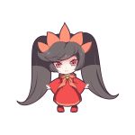  1girl :&lt; ashley_(warioware) bangs big_hair black_hair black_legwear closed_mouth commentary_request dress eyebrows_visible_through_hair hairband highres long_hair looking_at_viewer nenko orange_hairband pantyhose red_dress red_eyes red_shoes shoes simple_background skull sleeves_past_wrists solo tsurime twintails very_long_hair warioware white_background wide_sleeves 