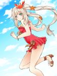  1girl bangs bare_arms bare_legs bare_shoulders blue_sky blunt_bangs blush bow bracelet breasts brown_shoes casual_one-piece_swimsuit closed_mouth clouds cloudy_sky commentary_request crab_hair_ornament day dutch_angle eyebrows_visible_through_hair eyes_visible_through_hair fate/grand_order fate_(series) frilled_swimsuit frills from_side halterneck hands_up high_heels highres jewelry leg_up light_brown_hair light_smile long_hair looking_at_viewer looking_to_the_side marie_antoinette_(fate/grand_order) marie_antoinette_(swimsuit_caster)_(fate) medium_breasts multicolored_bow one-piece_swimsuit open_toe_shoes outdoors parted_bangs red_swimsuit sandals sasaki_kuro seashell_hair_ornament shoes sidelocks sky solo standing standing_on_one_leg starfish_hair_ornament striped striped_bow swimsuit twintails very_long_hair wedge_heels 