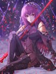 1girl absurdres breasts brown_eyes brown_hair fate_(series) highres jewelry large_breasts long_hair looking_at_viewer parted_lips scathach_(fate/grand_order) sitting solo yagyun 