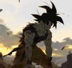  1boy amepati black_hair clouds cloudy_sky day dirty_clothes dirty_face dougi dragon_ball dragonball_z looking_away lowres male_focus short_hair sky solo_focus son_gokuu spiked standing sunset sweatdrop wristband 