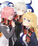  3girls :d ahoge black-framed_eyewear black_dress blonde_hair blue_eyes blue_neckwear cheek_poking closed_mouth dress fate/apocrypha fate/grand_order fate_(series) fou_(fate/grand_order) glasses grey_hair hair_over_one_eye hand_up hayashi_kewi hood hoodie jeanne_d&#039;arc_(alter)_(fate) jeanne_d&#039;arc_(fate) jeanne_d&#039;arc_(fate)_(all) long_hair looking_at_viewer mash_kyrielight multiple_girls necktie on_shoulder open_clothes open_hoodie open_mouth pink_hair plaid plaid_scarf poking purple_neckwear scarf short_hair simple_background smile violet_eyes white_background yellow_eyes 