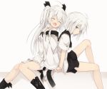 2girls :d ahoge bare_legs black_boots black_neckerchief black_ribbon black_sailor_collar black_skirt blush boots breasts cleavage closed_eyes closed_mouth collarbone commentary_request eyebrows_visible_through_hair hair_between_eyes hair_ribbon hands_together knees_together_feet_apart long_hair long_sleeves looking_at_viewer multiple_girls nagishiro_mito neckerchief open_mouth original ribbon sailor_collar sailor_shirt shirt short_hair short_sleeves sidelocks sitting skirt small_breasts smile twintails white_background white_hair white_shirt white_skirt wide_sleeves 