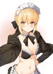 1girl apron artoria_pendragon_(all) bangs bikini black_bikini blonde_hair blush breasts closed_mouth collarbone eyebrows_visible_through_hair fate/grand_order fate_(series) frilled_apron frills gradient gradient_background hair_between_eyes hand_on_hip hood hoodie long_hair looking_at_viewer maid_bikini maid_headdress medium_breasts navel open_clothes open_hoodie saber_alter shovelwell sidelocks solo swimsuit tsurime upper_body waist_apron yellow_eyes 
