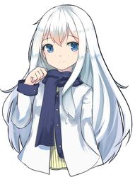  1girl absurdres blue_eyes blue_scarf cropped_torso eyebrows_visible_through_hair hair_between_eyes hibiki_(kantai_collection) highres kantai_collection kure_(kure_ng) long_hair looking_at_viewer scarf silver_hair simple_background smile solo very_long_hair white_background 