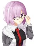  1girl black-framed_eyewear black_shirt breasts cardigan eyebrows_visible_through_hair fate/grand_order fate_(series) hair_between_eyes hair_over_one_eye highres hikashou medium_breasts necktie open_cardigan open_clothes open_mouth purple_hair red_necktie shielder_(fate/grand_order) shirt short_hair simple_background solo unzipped upper_body violet_eyes white_background 