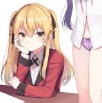  2girls black_ribbon blonde_hair blush brown_eyes character_request closed_mouth copyright_request eyebrows_visible_through_hair hair_ribbon head_in_hand izumo_neru kakegurui long_hair long_sleeves looking_at_viewer multiple_girls out_of_frame panties plaid plaid_panties purple_hair purple_panties ribbon saotome_meari sitting twintails underwear 