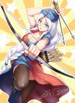  1girl absurdres arrow black_legwear blue_eyes blush bow_(weapon) breasts cleavage collarbone dated eyebrows_visible_through_hair highres holding holding_bow_(weapon) holding_weapon large_breasts looking_at_viewer open_mouth signature silver_hair smile solo thigh-highs touhou weapon x-boy yagokoro_eirin 