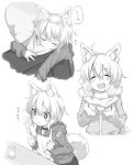  &gt;:3 1boy 1girl :3 :d =3 ^_^ ^o^ animal_ears apron bald carrying closed_eyes collar dog_collar dog_ears dog_tail eating faceless faceless_male food fork fur-trimmed_hood fur-trimmed_jacket fur_trim glass hood hoodie jacket knife monochrome open_mouth original piggyback roke short_hair sleeping smile sparkling_eyes steam sweatdrop tail translation_request 