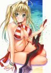  1girl aestus_estus ahoge beach bead_bracelet beads bikini blonde_hair blush bracelet breasts closed_mouth earrings fate/grand_order fate_(series) green_eyes jewelry large_breasts long_hair looking_at_viewer marker_(medium) navel nero_claudius_(swimsuit_caster)_(fate) saber_extra sand side-tie_bikini sitting smile solo striped striped_bikini swimsuit sword traditional_media twintails water weapon yuto_takumi 