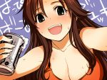  1girl alcohol beer beer_can breasts brown_hair can cleavage fangs green_eyes himekawa_yuki idolmaster idolmaster_cinderella_girls large_breasts long_hair looking_at_viewer sakaki_imasato solo sweat tank_top 