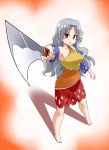  1girl bare_shoulders barefoot breasts commentary_request detached_sleeves dress eyebrows_visible_through_hair frills full_body grey_hair hatchet holding holding_weapon kousei_(public_planet) long_hair looking_at_viewer medium_breasts multicolored multicolored_clothes multicolored_dress open_mouth oriental_hatchet pointing_weapon red_eyes ribbon sakata_nemuno single_strap solo standing touhou triangle_mouth wavy_hair weapon 