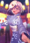  1girl :d blue_eyes blurry blurry_background blush character_mask commentary_request fate/grand_order fate_(series) festival hair_ornament hair_over_one_eye hairclip hand_holding haru_(hiyori-kohal) japanese_clothes kimono lamp lavender_hair long_sleeves looking_at_viewer mask mask_on_head night obi open_mouth outdoors outstretched_arms pointing pov riyo_(lyomsnpmp)_(style) sash shielder_(fate/grand_order) short_hair smile solo_focus wide_sleeves yukata 
