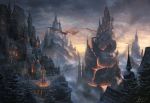  alayna_danner architecture castle city city_lights clouds cloudy_sky commentary dragon fantasy flying fog forest fountain gothic_architecture highres landscape molten_rock mountain nature no_humans outdoors pine_tree scenery sky snow sunset tower tree 