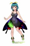  1girl adapted_costume antennae aoshima aqua_hair bangs bare_arms bare_legs breasts brown_eyes cleavage closed_mouth commentary_request covered_navel cross_eyed dress eternity_larva full_body green_shoes highres looking_at_viewer medium_breasts multicolored multicolored_clothes multicolored_dress no_wings shoes short_hair simple_background smile solo standing standing_on_one_leg touhou white_background 
