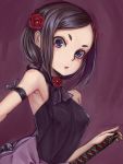  1girl armband bare_shoulders black_hair blue_eyes breasts flower hair_flower hair_ornament highres katana looking_at_viewer miki_nezumi nipples open_mouth princess_principal small_breasts solo standing sword toudou_chise weapon 