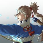  1boy bow_(weapon) fire_emblem fire_emblem_if gloves holding holding_weapon japanese_clothes ponytail red_eyes silver_hair solo takumi_(fire_emblem_if) weapon 