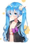  1girl artist_name ayami_(annahibi) bangs black_serafuku blue_eyes blue_hair breasts closed_mouth collarbone cropped_torso eyebrows_visible_through_hair food_print glasses hair_ornament hakugei_(re:zero) long_hair looking_at_viewer medium_breasts pink-framed_eyewear re:zero_kara_hajimeru_isekai_seikatsu rem_(re:zero) school_uniform semi-rimless_glasses serafuku signature solo strawberry_print tsurime twintails under-rim_glasses upper_body wavy_hair x_hair_ornament 