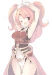  1girl armor armpits blush breastplate cape circlet fire_emblem fire_emblem_echoes:_mou_hitori_no_eiyuuou gloves long_hair mae_(fire_emblem) open_mouth pink_hair red_eyes simple_background smile solo teu_(navy) tiara twintails 