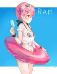  1girl bikini black_bikini breasts character_name cowboy_shot food from_side hair_between_eyes hair_flaps hair_ornament hitsukuya innertube navel outside_border pink_hair popsicle profile ram_(re:zero) re:zero_kara_hajimeru_isekai_seikatsu see-through shirt short_hair small_breasts solo sunglasses sunglasses_on_head swimsuit tied_shirt wet wet_clothes wet_shirt wrist_cuffs x_hair_ornament 