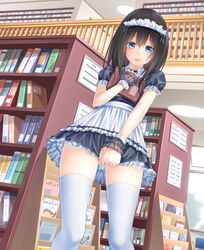  1girl black_hair blue_eyes bookshelf idolmaster idolmaster_cinderella_girls library long_hair looking_at_viewer maid maid_headdress sagisawa_fumika skirt skirt_tug solo standing thigh-highs wrist_cuffs yamaishi_nohi 