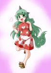  1girl :d blush_stickers commentary_request curly_hair fang full_body geta green_eyes green_hair heart horn kariyushi_shirt komano_aun kousei_(public_planet) long_hair open_mouth paw_pose shirt shorts smile solo t-shirt tail touhou 