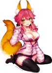  1girl :d akasakak animal_ears black_legwear blush boots breasts cleavage fate/extra fate_(series) fox_ears fox_tail high_heels highres jewelry necklace open_mouth pink_hair simple_background sitting smile solo tail tamamo_(fate)_(all) tamamo_no_mae_(fate) thigh-highs wariza white_background yellow_eyes 