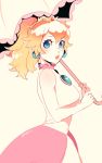  1girl ayshiun bare_arms blonde_hair blue_eyes blush breasts crown dress earrings jewelry lips looking_at_viewer super_mario_bros. mini_crown pink_lips ponytail princess_peach simple_background sleeveless sleeveless_dress solo super_mario_bros. umbrella white_background 
