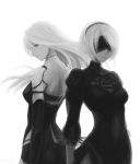  android armlet back-to-back black_dress black_gloves black_hairband black_shorts blindfold cleavage_cutout covered_eyes dress elbow_gloves facing_viewer feather-trimmed_sleeves gloves greyscale hairband juliet_sleeves long_hair long_sleeves looking_back mole mole_under_mouth monochrome nier_(series) nier_automata puffy_sleeves robot_joints short_shorts shorts silver_hair skyde_kei tank_top yorha_no._2_type_b yorha_type_a_no._2 