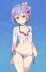  1girl bikini blue_background blush bow breasts choker closed_mouth cowboy_shot hair_bow idolmaster idolmaster_cinderella_girls koshimizu_sachiko looking_at_viewer mamezou navel polka_dot polka_dot_bikini purple_bikini purple_bow shirt side-tie_bikini small_breasts smile solo standing swimsuit thigh_gap tied_shirt untied untied_bikini violet_eyes wet white_shirt yellow_eyes 