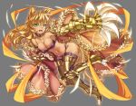  1girl animal_ears ass blonde_hair breasts cape cleavage clenched_hand dark_skin earrings full_body gauntlets greaves green_eyes jewelry long_hair medium_breasts merufena midriff navel open_mouth solo tail teeth thigh-highs 