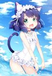  1girl :d animal_ears bangs bare_arms bare_shoulders bell blue_sky blush bow breasts cat_ears cat_girl cat_tail clouds curly_hair cyan_(show_by_rock!!) day eyebrows_visible_through_hair fang frilled_swimsuit frills green_eyes hairband highres inumine_aya jingle_bell lolita_hairband long_hair looking_at_viewer name_tag ocean one-piece_swimsuit open_mouth outdoors purple_hair school_swimsuit show_by_rock!! sky small_breasts smile solo sparkling_eyes swimsuit tail wading water white_bow white_school_swimsuit white_swimsuit 