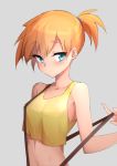  1girl bangs blush closed_mouth collarbone eyebrows_visible_through_hair grey_background hand_up kasumi_(pokemon) looking_to_the_side orange_hair pokemon ponytail short_hair simple_background solo suspenders suspenders_pull tank_top tsurime upper_body waero 